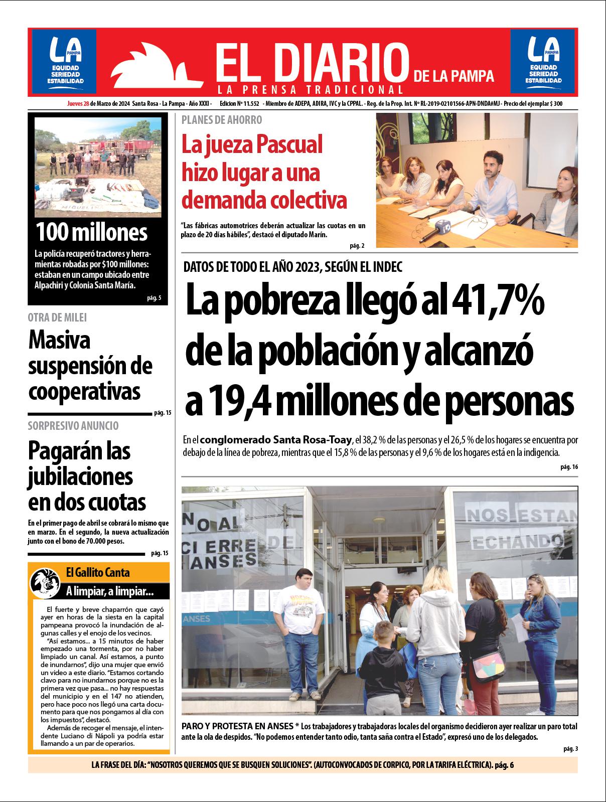 Tapa de El Diario en papel  jueves 28 de marzo de 2024